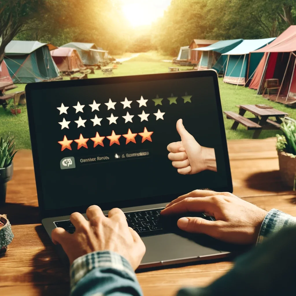 DALL-E-2024-05-20-10.36.41---An-image-showing-a-campground-owner-responding-to-online-reviews-on-a-laptop.-The-screen-displays-a-mix-of-positive-and-negative-reviews-with-icons-li.webp