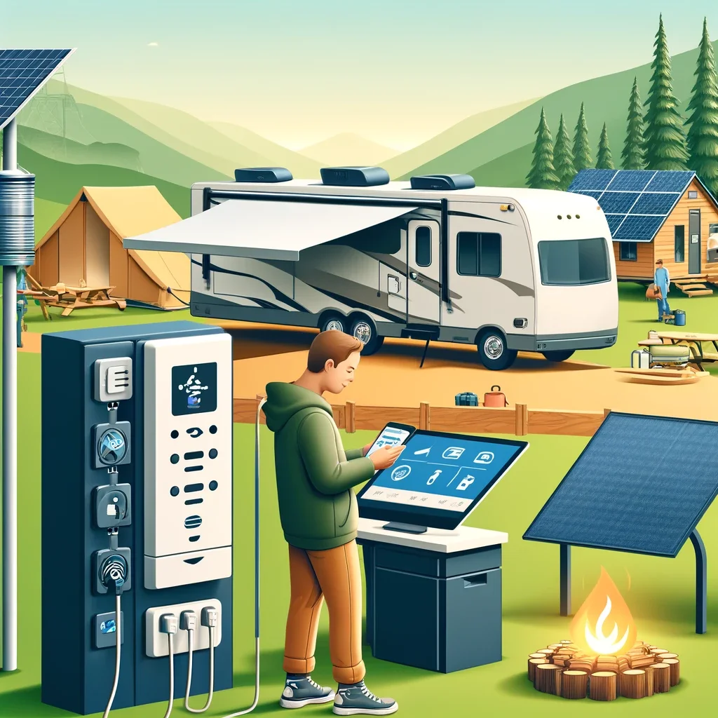 DALL-E-2024-05-20-10.36.44---An-image-illustrating-the-evolution-of-technology-in-campgrounds.-It-shows-a-modern-campsite-with-high-tech-amenities-such-as-solar-powered-charging-s.webp