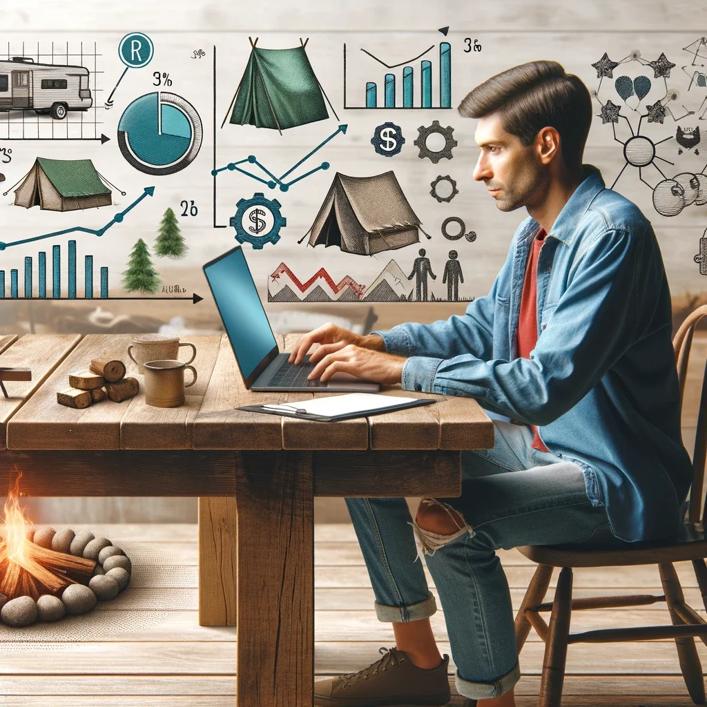 A campground owner sitting at desk on computer